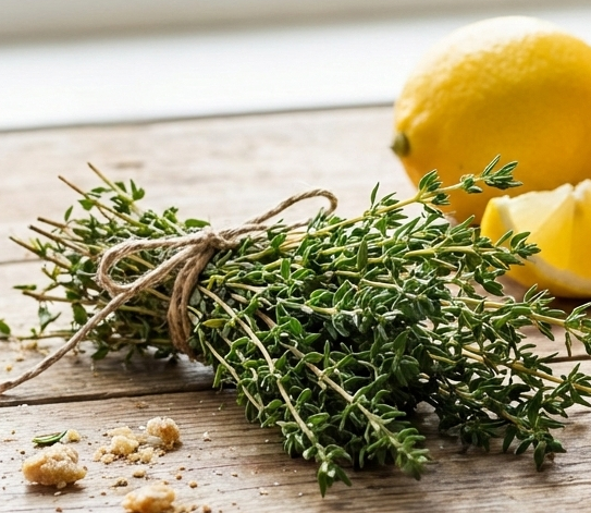 Thym, citron, miel disposés sur une table en bois