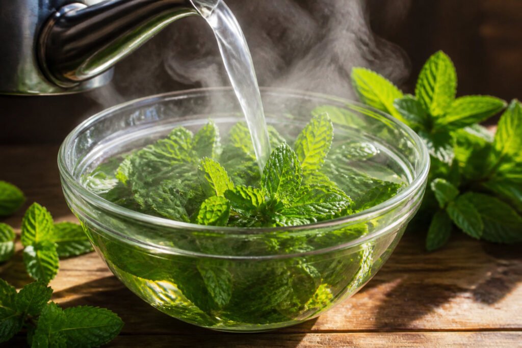 Eau chaude versée sur des feuilles de menthe fraîches dans un bol en verre transparent.