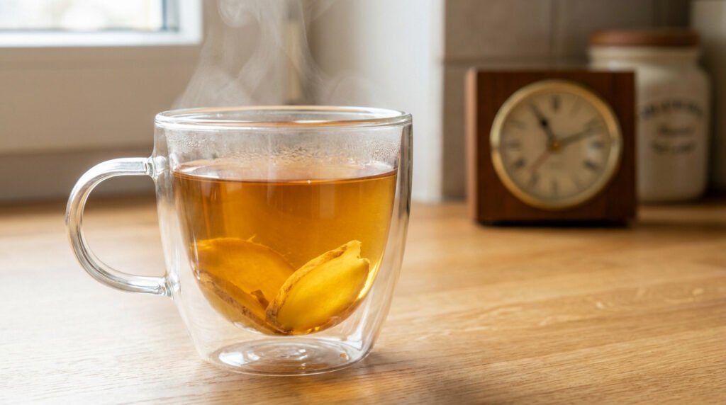 Une tasse en verre transparente contenant de l'eau chaude et des tranches de gingembre frais, avec une horloge en arrière-plan.
